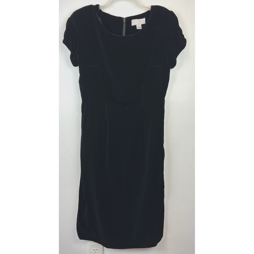Vintage Cocktail Dress Womens 12 Black Velvet Short Sleeve Midi Party Event